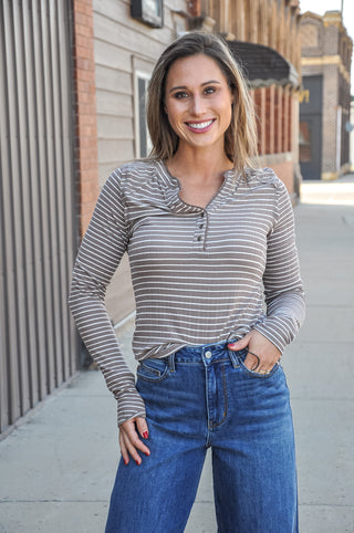Striped Ruffled Lace-trim Henley Top