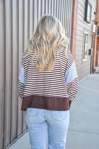 Striped Scoop Neck Contrast Sleeve Sweatshirt