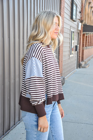 Striped Scoop Neck Contrast Sleeve Sweatshirt