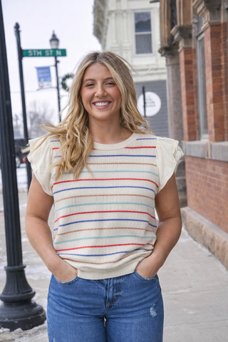 Striped Flutter SS Crew Neck Sweater