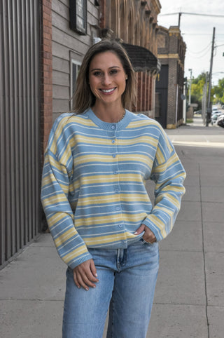 Pastel striped sweater cardigan crafted from cozy knit fabric. 