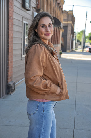 Sugar Almond Suede Mock Neck Zip Up Jacket