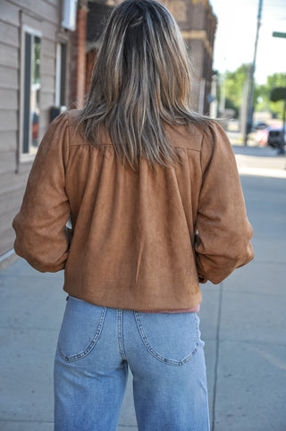 Sugar Almond Suede Mock Neck Zip Up Jacket