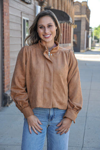 Sugar Almond Suede Mock Neck Zip Up Jacket