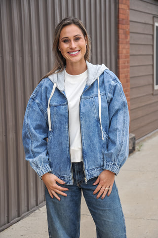Sweater Hooded Zip Denim Jacket