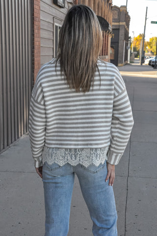 Sweet Stripe Lace Hem LS Top