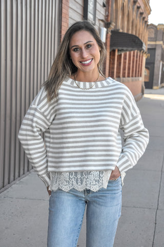 Sweet Stripe Lace Hem LS Top