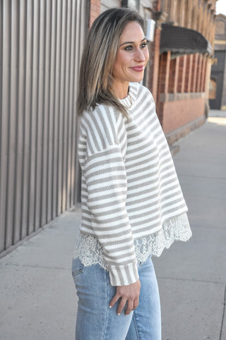 Sweet Stripe Lace Hem LS Top