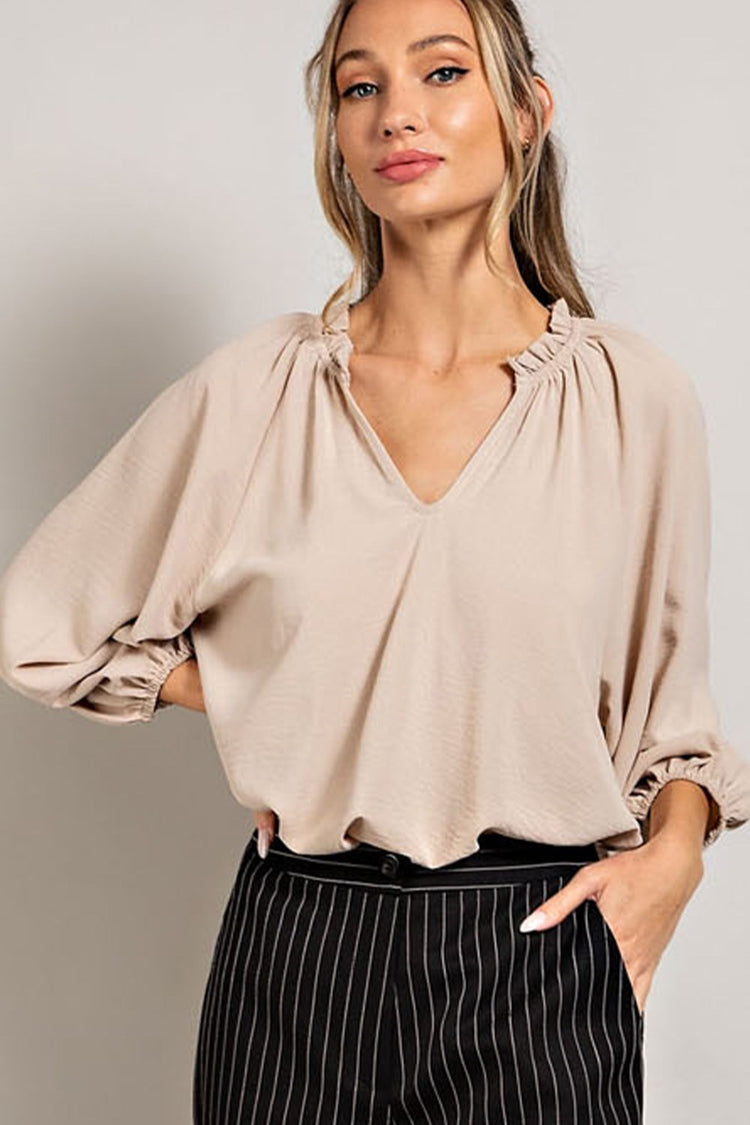 Ruffle Neck Taupe Simple Blouse | JQ Clothing Co.
