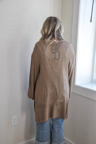 Tan Mesh Open Front Long Cardigan