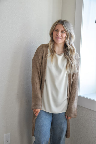 Tan Mesh Open Front Long Cardigan