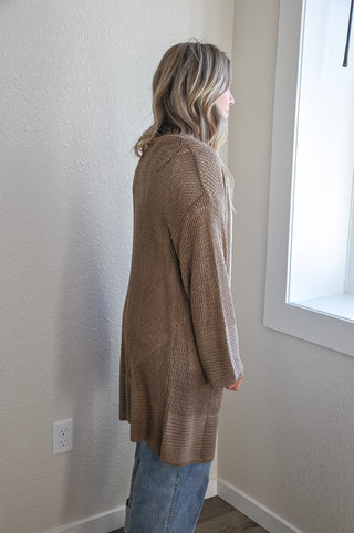 Tan Mesh Open Front Long Cardigan