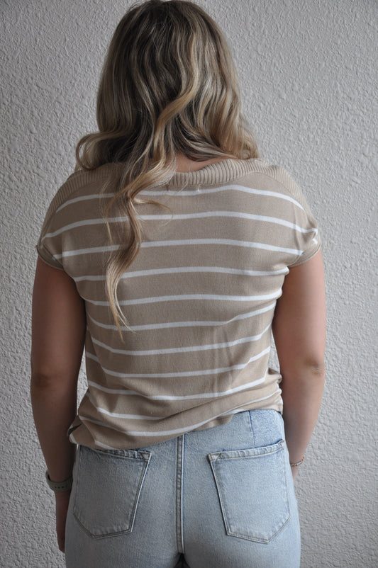 Taupe Boat Neck Striped Sweater