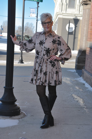 Taupe Contrast Floral Mini Dress