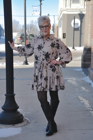 Taupe Contrast Floral Mini Dress