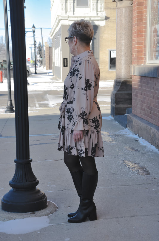 Taupe Contrast Floral Mini Dress