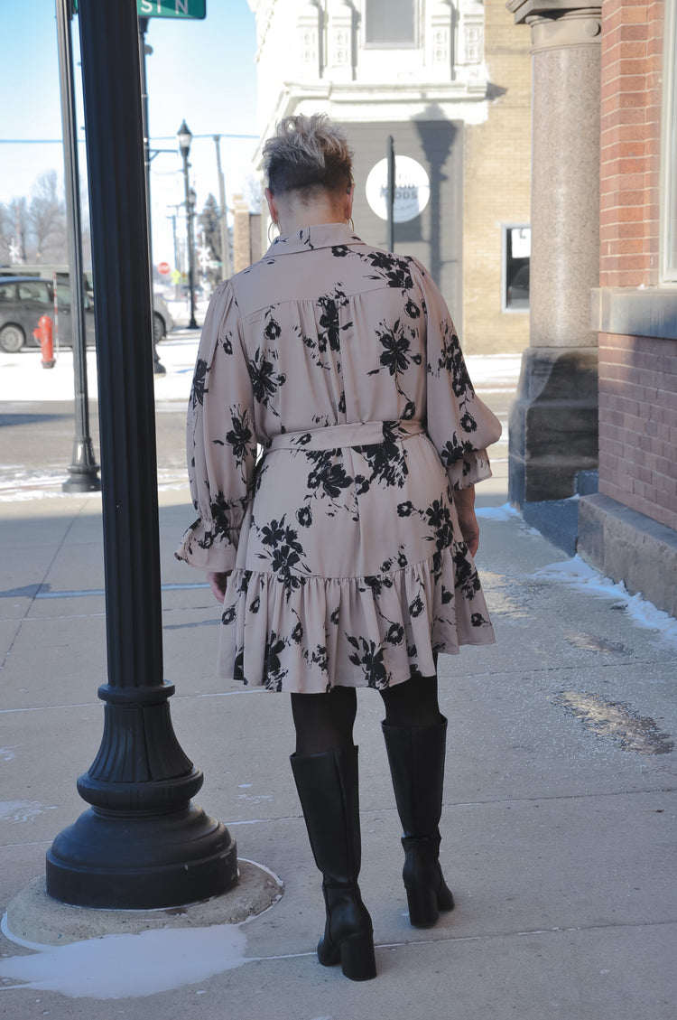 Taupe Contrast Floral Mini Dress