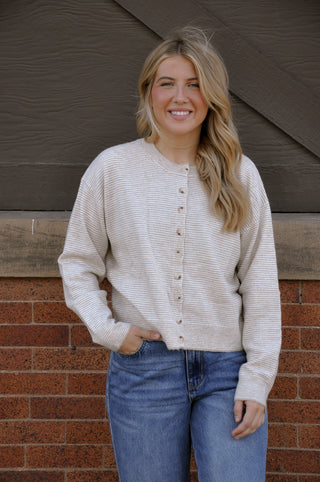 Taupe Striped Button-up Sweater