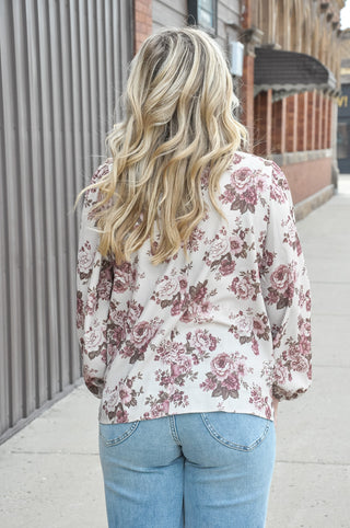 Taupe Vintage Floral Pleated High Neck Bubble Sleeve Blouse