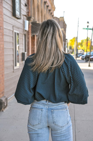 Teal Stripe Seersucker Scalloped Hem V-Slit Top, view 3 | JQ Clothing Co.