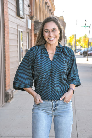 Teal Stripe Seersucker Scalloped Hem V-Slit Top | JQ Clothing Co.