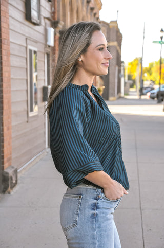 Teal Stripe Seersucker Scalloped Hem V-Slit Top, view 2 | JQ Clothing Co.