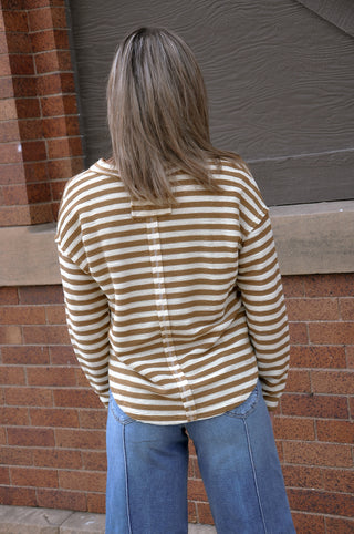 Textured Stripe Split Neck LS Top