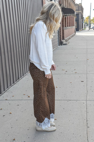 Satin Dot Lace Wide-Leg Pants
