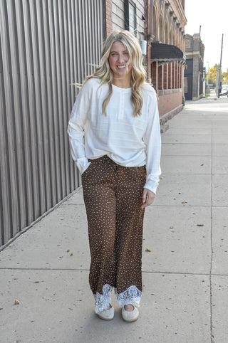 Satin Dot Lace Wide-Leg Pants