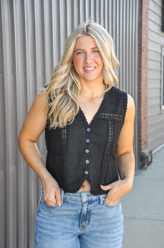 The Black Boho Crochet Trim Suede Vest