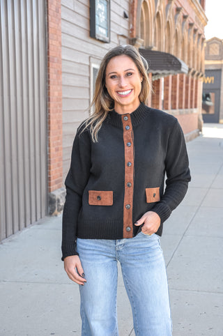The Black Suede Trim Long Sleeve Sweater Jacket