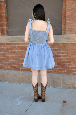 Tie Strap Smocked Zipper Back Denim Dress