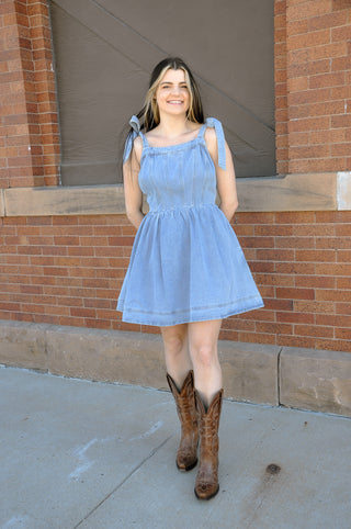 Tie Strap Smocked Zipper Back Denim Dress