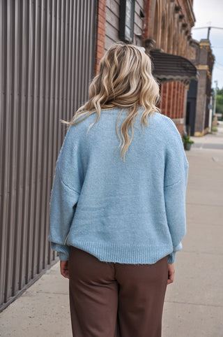 Trout Graphic Knit Sweater in Daisy Blue