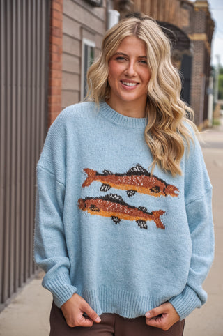 Trout Graphic Knit Sweater in Daisy Blue