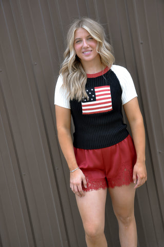 "USA Flag" Raglan SS Ribbed Sweater