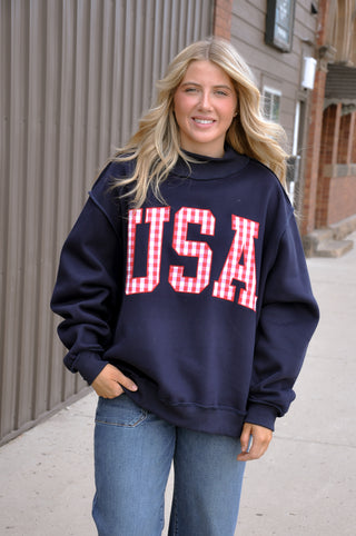 Gingham Embroidered "USA" Sweatshirt