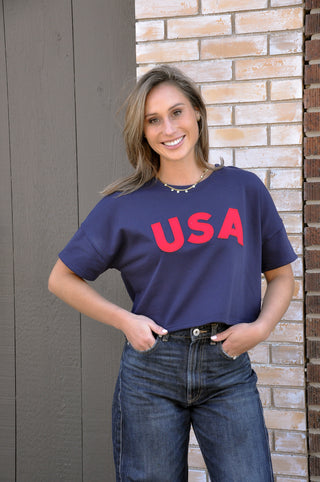 USA Patch Cropped Drop Shoulder Knit Top