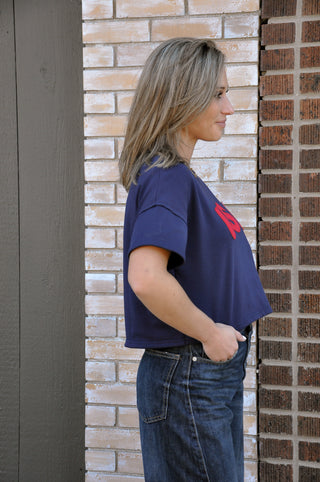 USA Patch Cropped Drop Shoulder Knit Top