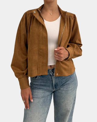 Sugar Almond Suede Mock Neck Zip Up Jacket