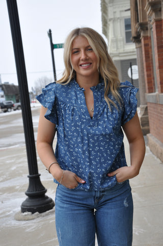 V-neck Ruffle Denim Top