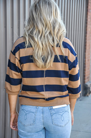 V-Notch Bold Stripe Drop Shoulder 3/4 Sleeve Top