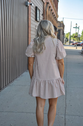 Vertical Stripe Puff Sleeve Tiered Mini Shirt Dress