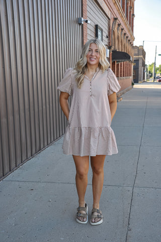Vertical Stripe Puff Sleeve Tiered Mini Shirt Dress