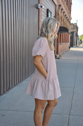 Vertical Stripe Puff Sleeve Tiered Mini Shirt Dress