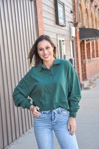 Washed Button-Front Collared Sweatshirt
