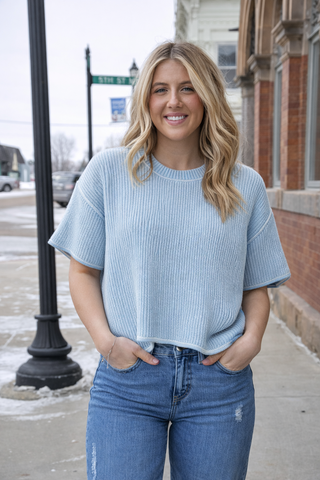 Washed Crew Neck Raw Edge SS Sweater