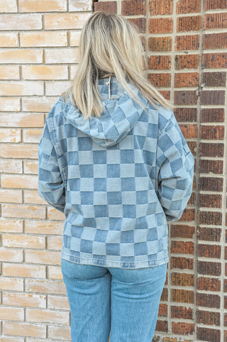 Washed Checker Denim Half Zip Hoodie