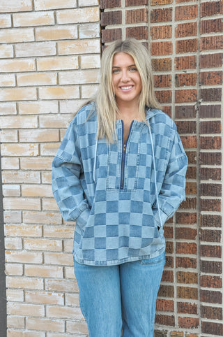 Washed Checker Denim Half Zip Hoodie