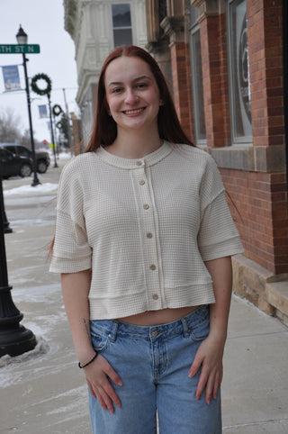 Weave Texture Button-Up Cropped Top